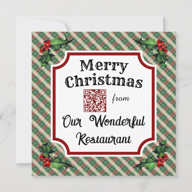Custom QR Code Restaurant Christmas Plaid Holiday Card (Front)