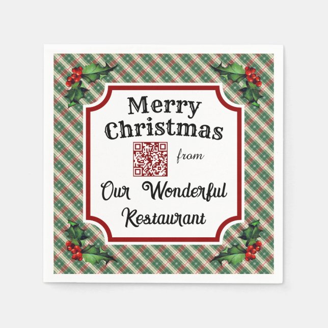 Custom QR Code Restaurant Christmas Plaid Napkin (Front)
