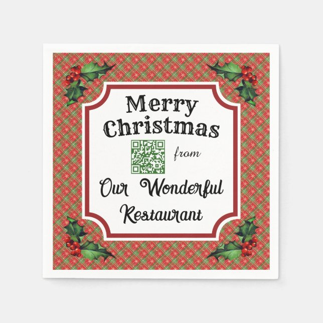 Custom QR Code Restaurant Christmas Plaid Napkin (Front)