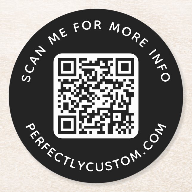 Custom QR code Scan for more info text black Round Paper Coaster (Front)