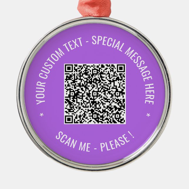 Custom QR Code Scan Info Text Colours Personalised Metal Ornament (Front)
