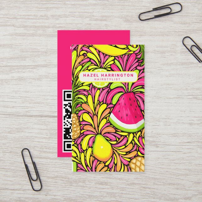 Custom QR Code Scannable Tropical Colourful Fruit Business Card (Front/Back In Situ)