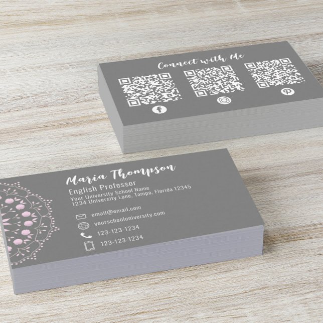 Custom QR Code Social Media Stylish Grey Pink  Business Card (Creator Uploaded)
