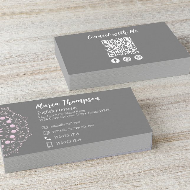 Custom QR Code Social Media Stylish Grey Pink  Business Card (Creator Uploaded)