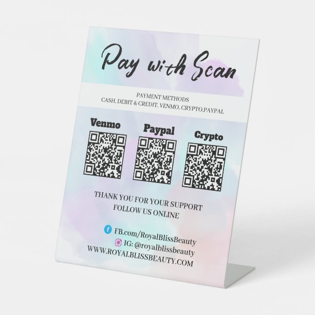 Custom QR Triple Payment Table Tent Pedestal Sign (Front)