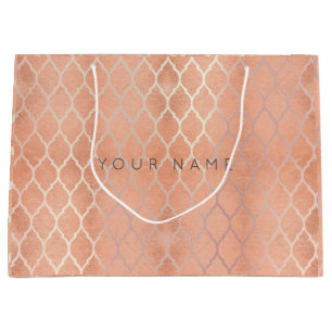 Custom Quatrefoil Coral Metallic Rose Gold Peach Large Gift Bag