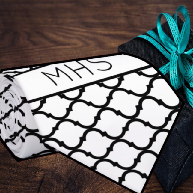 Custom Quatrefoil Geometric Monogram White Black Tie (Creator Uploaded)