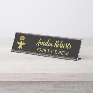 Custom QUEEN BEE Gold Black Nameplate Holder Desk Name Plate