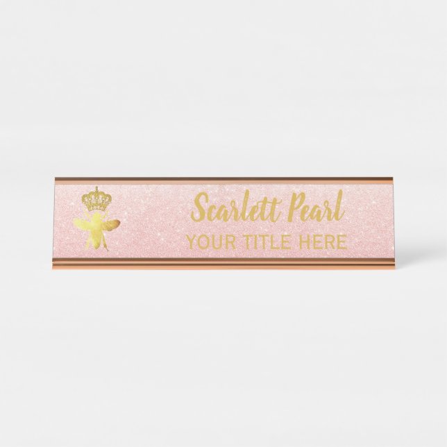 Custom QUEEN BEE Rose Glitter Nameplate Holder (Front)