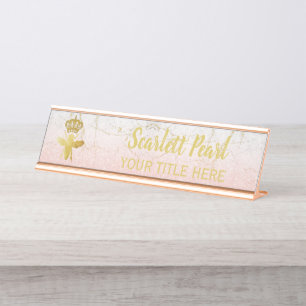 Custom QUEEN BEE Rose Pink Glitte Nameplate Holder Desk Name Plate