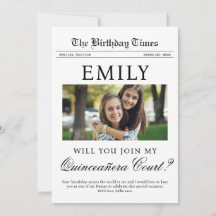 Custom Quinceañera Court Proposal Newspaper  Card