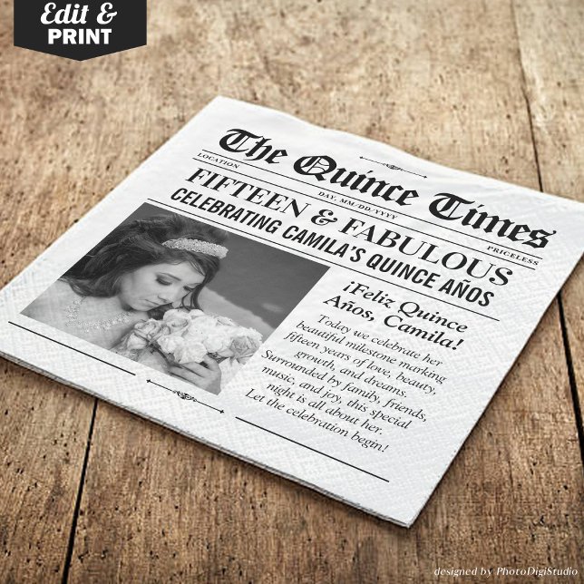 Custom Quinceañera Napkins, Miss Quince Newspaper Napkin (Custom Quinceañera Napkins, Miss Quince Newspaper Napkins)
