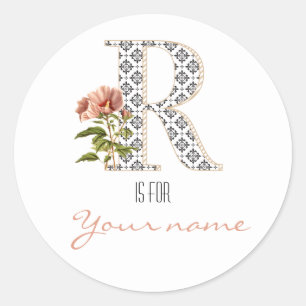 Custom R Name Floral Flower Retro Letter R Vintage Classic Round Sticker