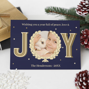 Custom Rabbit Photo Blue Gold Joy Bunny Christmas Holiday Card