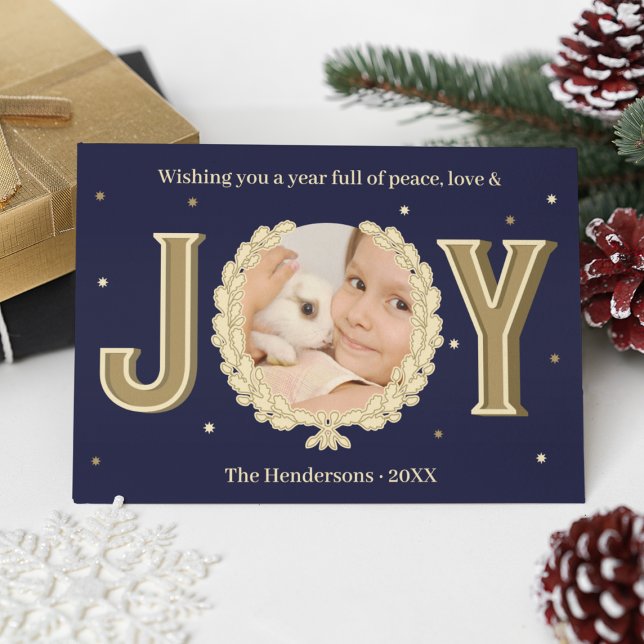 Custom Rabbit Photo Blue Gold Joy Bunny Christmas Holiday Card (Custom Rabbit Photo Blue Gold Joy Bunny Christmas Holiday Card
)