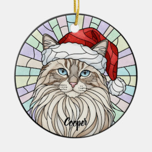 Custom Ragdoll Cat Santa Hat Stained Glass Ceramic Ornament