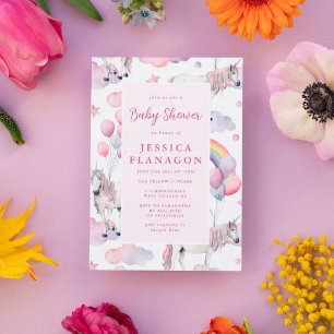 Custom Rainbow Balloons Unicorn Pink Baby Shower Invitation