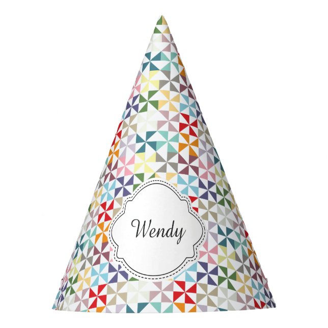 Custom Rainbow Pinwheel Pattern Name Party Hat (Front)