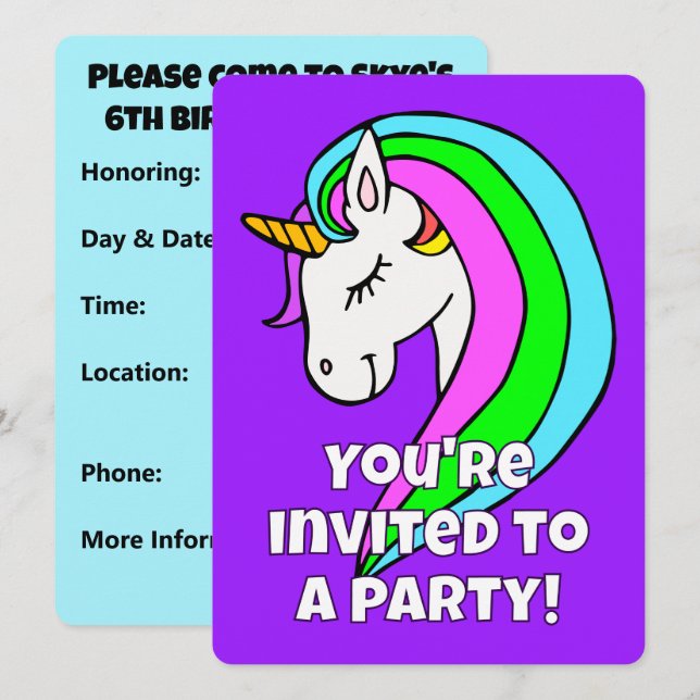 Custom Rainbow Unicorn Invitation (Front/Back)