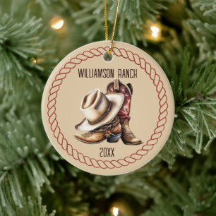 Custom Ranch Cowboy Boots And Hat With Rope Ceramic Ornament