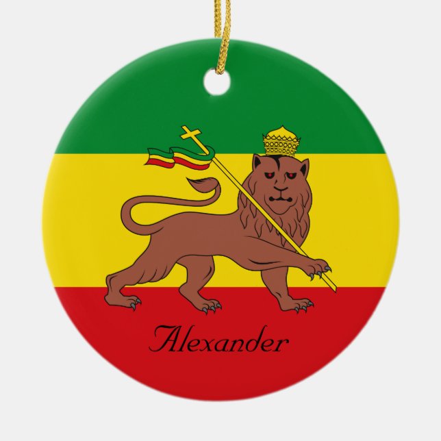 Custom Rastafarian Flag of Ethiopia Lion of Judah Ceramic Ornament (Front)
