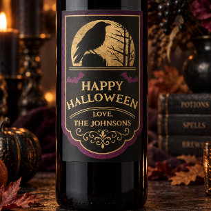 Custom Raven Moon Happy Halloween  Wine Label