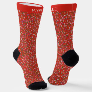 Custom Rd Floral White Pink Christmas Flowers Socks