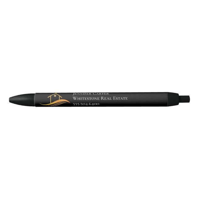 Custom Real Estate Company Chic Black Gold Ink Pen (Front)