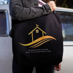 Custom Real Estate Company Chic Black Gold Realtor Tote Bag<br><div class="desc">This chic real estate company tote bag is custom made with your realty company and agent name. These classy marketing black tote bags feature a pretty house with a gold weathervane on top and sleek curves underneath. Personalise with your business website underneath.</div>