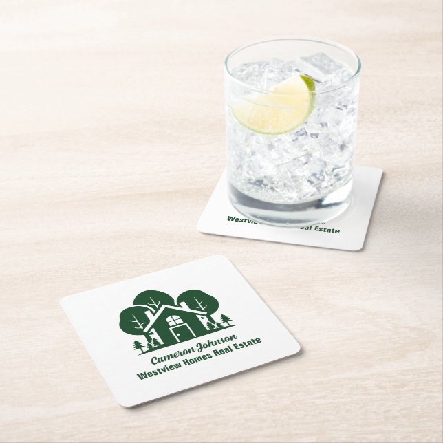 Custom Real Estate Company Forest Open House Square Paper Coaster (Insitu)