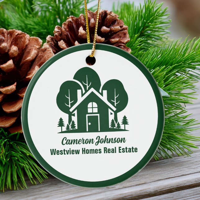 Custom Real Estate Company Green Home Christmas Ceramic Ornament (Creator Uploaded)