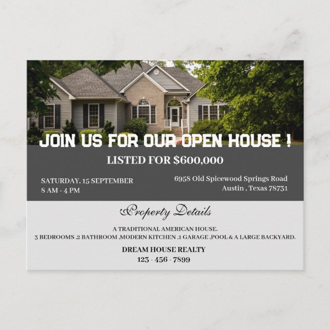 Custom Real Estate Open House  Postcard (Front)