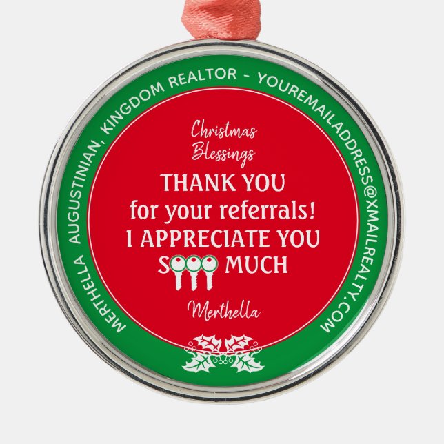 Custom Realtor Client Thank You Christmas Metal Ornament (Front)