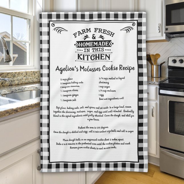 Custom Recipe Black White Farmhouse Buffalo Plaid Tea Towel (Creator Uploaded)