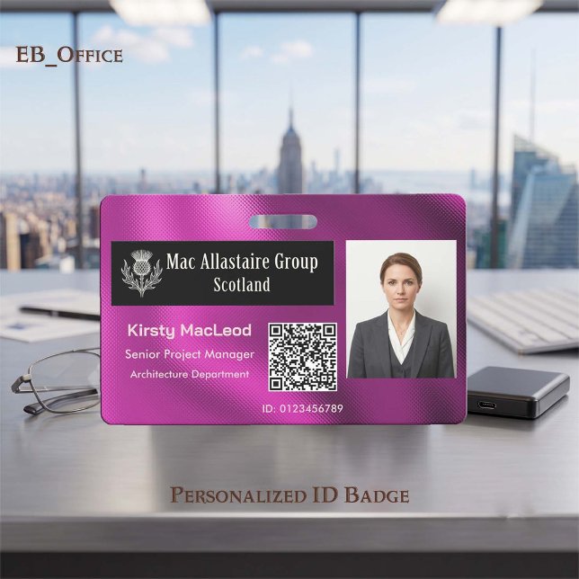 Custom Rectangle Logo Photo ID Metallic Magenta Badge (Magenta Pink Custom Wide Logo Placeholder Photo ID Badge Template. Size 2.13 x 3.38 Inches)