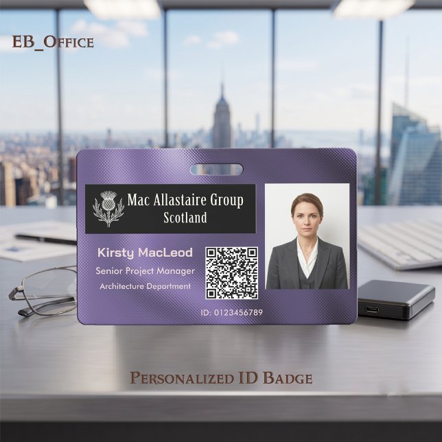 Custom Rectangle Logo Photo ID Metallic Purple Badge (Purple Custom Wide Logo Placeholder Photo ID Badge Template. Size 2.13 x 3.38 Inches)