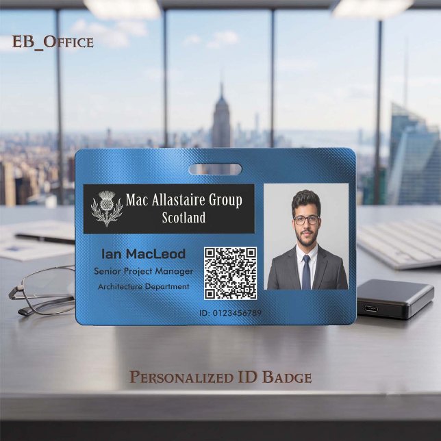 Custom Rectangle Logo Photo ID Metallic Royal Blue Badge (Royal Blue Custom Wide Logo Placeholder Photo ID Badge Template. Size 2.13 x 3.38 Inches)