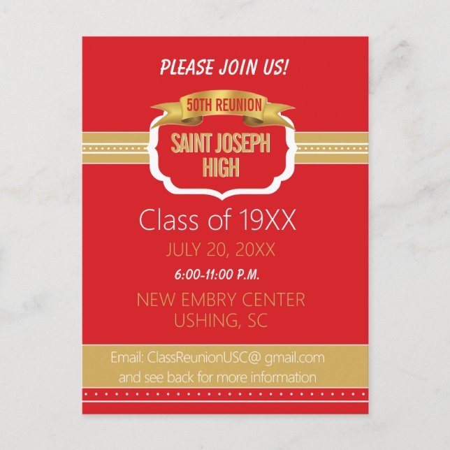 Custom Red 50th Class Reunion Invite Postcard (Front)