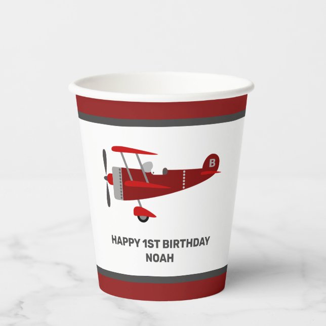 Custom Red Aeroplane Birthday Paper Cups (Front)
