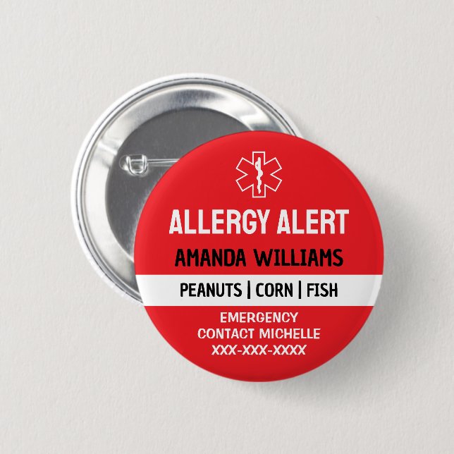 Custom Red Allergy Alert Emergency 6 Cm Round Badge (Front & Back)