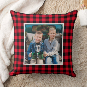 Custom Red and Black Buffalo Plaid Holiday Photo Cushion