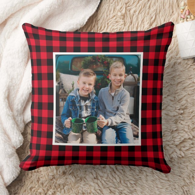 Custom Red and Black Buffalo Plaid Holiday Photo Cushion (Blanket)