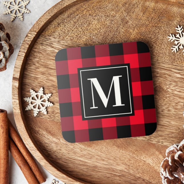 Custom Red and Black Buffalo Plaid Monogram Coaster (Creator Uploaded)