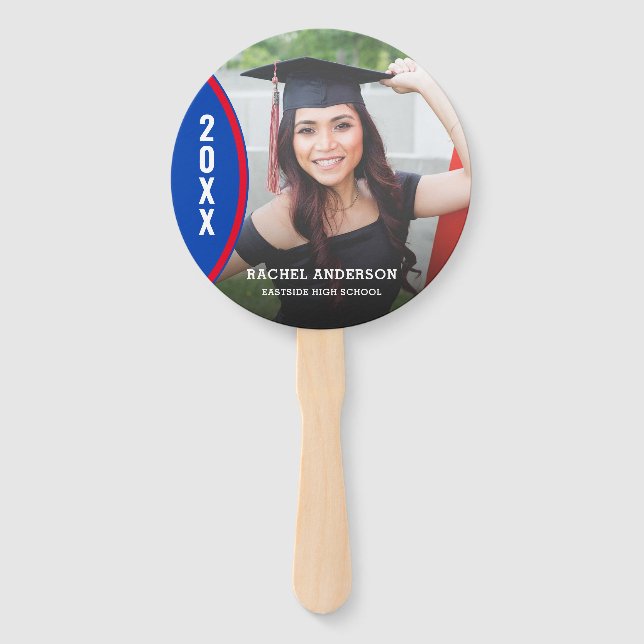 Custom Red and Blue Graduation Photo Hand Fan (Front)