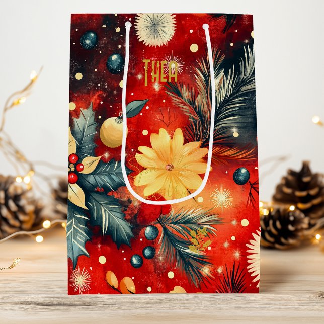 Custom Red and Gold Festive Floral Gift Bag (Creator Uploaded)