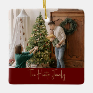 Custom Red and Gold Minimalist Arch Family Photo Ceramic Ornament