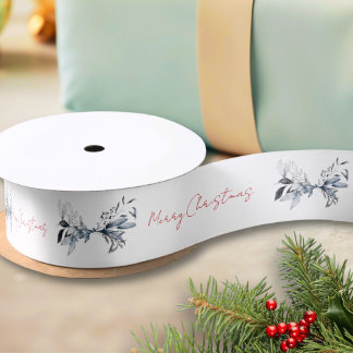 Custom Red And White Berry Blue Foiiage Christmas Satin Ribbon