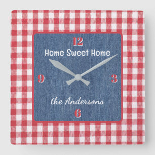 Custom, Red and White Check, Blue Denim Print Square Wall Clock