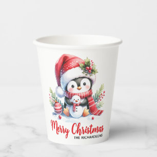 Custom Red and White Cute Penguin Merry Christmas Paper Cups