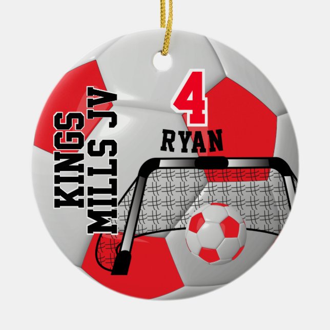 Custom Red and White Personalise Soccer Ball Ceramic Ornament (Front)